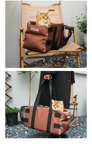 Brown oxford pet car seat and carrier bag with adjustable nylon straps for small dogs