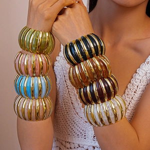 Chunky Ribbed Bangle Bracelet Acrylic Alloy Striped Elastic Fashion Retro Jewelry For Women