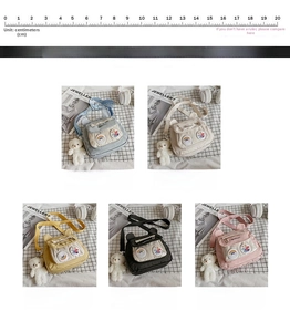 Detailed size comparison of five colorful canvas mini bags with bear ear decor