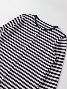 Détail du cardigan rayé bleu marine et blanc avec col rond et boutons blancs élégants