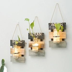 Set de 3 decoraciones de pared con placas de madera frascos y luces LED