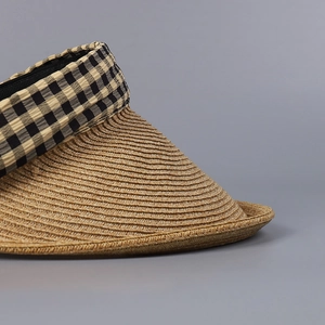 Straw sun visor with gingham headband and woven brim for women in summer fashion