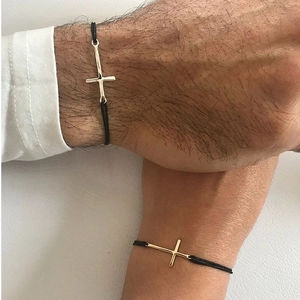 Minimalist alloy cross pendant bracelets with black braided wax rope for couples wear