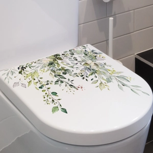 Waterproof toilet lid sticker with green eucalyptus plants for bathroom decoration