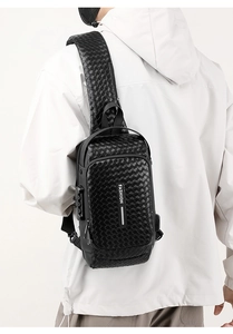 Men's crossbody chest bag with woven texture, anti-theft lock and USB charging port