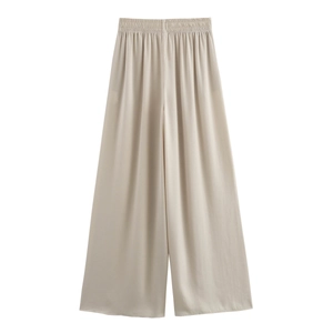 Pantalon large plissé à taille haute en beige avec ceinture élastique souple