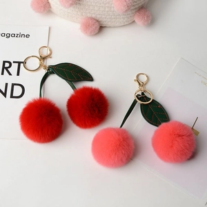 Faux rabbit fur cherry keychain with soft plush balls and gold metal ring for bags