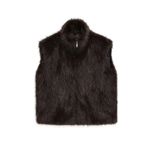 Women Faux Fur Vest Dark Brown Stand Collar Zipper Front Sleeveless Jacket Winter Warm Solid Color Retro Outerwear