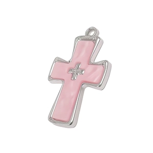 Pink acetate cross pendant with silver micro-inlaid border for necklace jewelry making