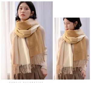 Detail of checkered beige and khaki cashmere scarf with elegant fringe trim for winter