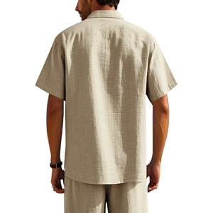 Detailed back view of beige men's linen short sleeve shirt showing fabric texture