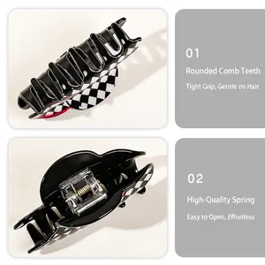 Checkerboard pattern hair claw clip with smooth teeth and strong metal spring