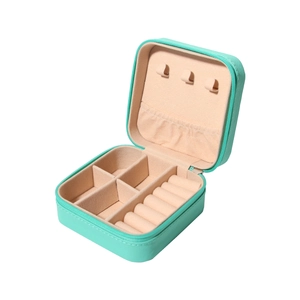Portable mint green PU jewelry box with zipper and soft velvet lining for rings and necklaces