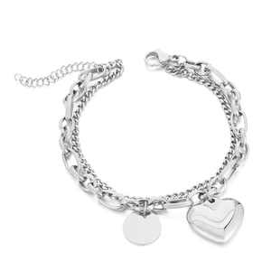 Double-layer stainless steel heart pendant bracelet with polished silver finish for women