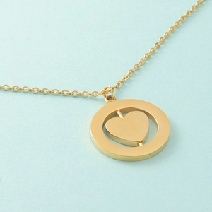 Gold stainless steel double layer necklace with rotating heart circular pendant