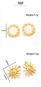 Detailed view of gold starfish hoop and sunburst earrings with precise weight and size specs