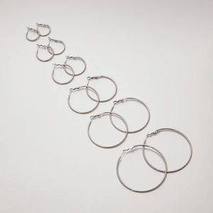 Detailed set of 6 pairs of silver stainless steel hoop earrings in various sizes