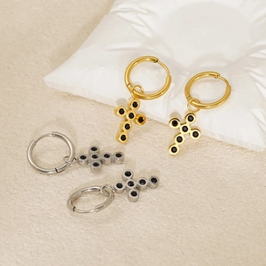 Cross drop earrings with black zircon stones in gold and silver stainless steel finish