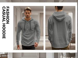 Front and back views of a gray long-sleeve linen hoodie for men in a modern interior setting