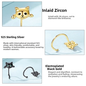 Detailed view of 925 sterling silver cat earrings with 3A zircon stones and black gold plating