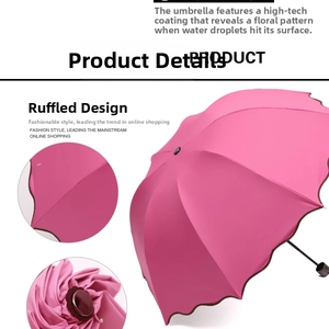 Detail view of pink folding umbrella with lotus leaf edge and water-activated floral pattern