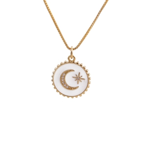 Gold-plated moon and star zircon necklace with white enamel round pendant design