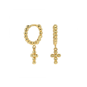 S925 sterling silver gold beaded huggie hoop earrings with cross pendants for women
