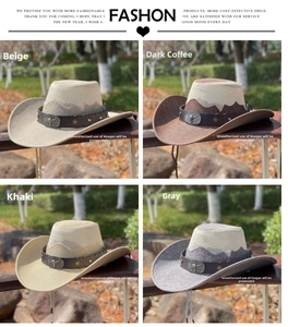 Detail view of straw cowboy hats with bull skull metal badges and star studs decoration