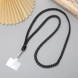 Detail of grey braided crossbody phone strap with metal buckle and plastic insert