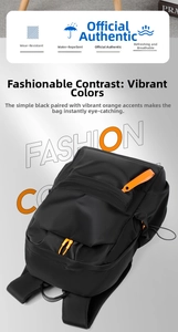 Detail of waterproof Oxford cloth backpack with orange accents and breathable wide straps