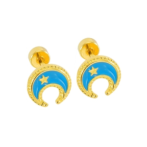 Minimalist gold moon and star stud earrings with blue enamel and screw back for women