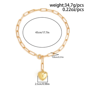 Detailed dimensions of gold paperclip chain necklace with large heart pendant