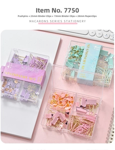Macro view of pastel macaron stationery set featuring gold binder clips in a 4-grid box