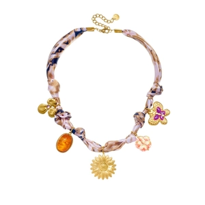 Floral print ribbon necklace with golden sunflower and enamel butterfly charms
