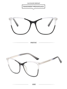 Detailed front and side views of C6 cat-eye TR90 frames in transparent black finish