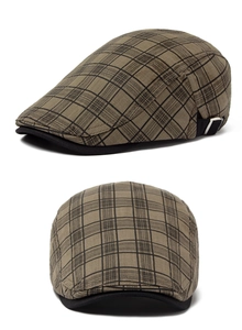Detail of summer plaid beret with adjustable side strap and cotton linen texture