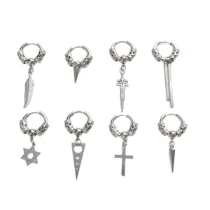 8-piece silver punk earring set featuring feathers, crosses, and hexagrams for men and women