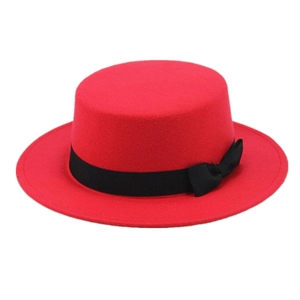 Classic red felt flat-top boater hat for kids with a black ribbon bow decoration