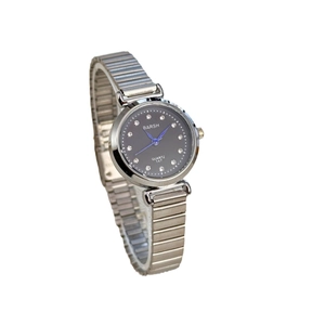 Elegant women's quartz watch with silver steel band, black dial and rhinestone markers
