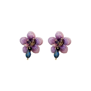 Elegant purple fabric flower earrings with navy blue crystal drops and silver pins