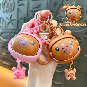 Cute Capybara Turning Face Keychain Rotating Expression Stress Relief Keyring Cartoon Animal Schoolbag Pendant Car Accessories Gift