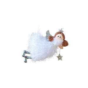 Plush Christmas angel tree ornament with white faux fur skirt and silver wings