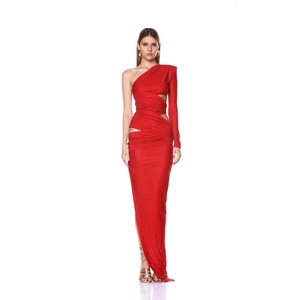 Elegant red one-shoulder cut-out evening dress with high-slit and rhinestones