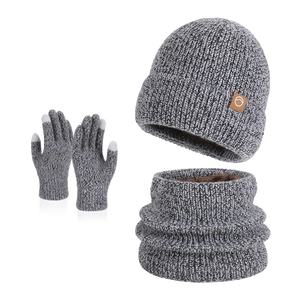 Winter knit hat, neck warmer, and touchscreen gloves set in grey fleece lining