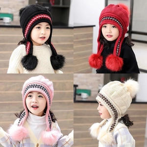 Cappello In Maglia Invernale Per Bambini Foderato In Pile Protezione Per Orecchie Con Pompon In Pelliccia Sintetica Stile Dolce
