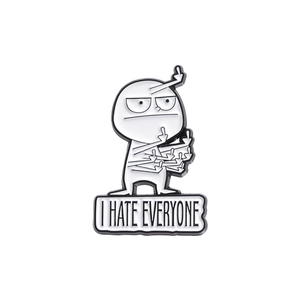 Cartoon enamel pin with I HATE EVERYONE text and funny stick figure middle finger design