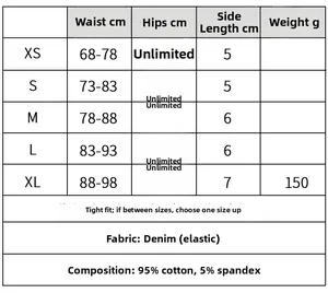 Größentabelle für hochelastische Denim-Shorts mit Taillenmaßen und Materialdetails