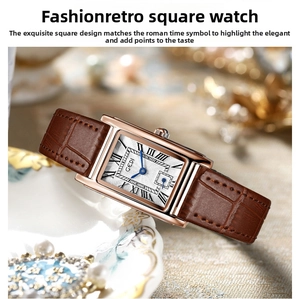 Detail of vintage rectangular watch with brown leather strap and Roman numeral dial