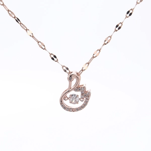 Elegant rose gold swan pendant necklace with sparkling zircon crystals on a white background