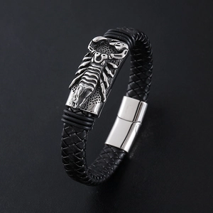Men's punk scorpion leather bracelet with stainless steel magnetic clasp and silver charm